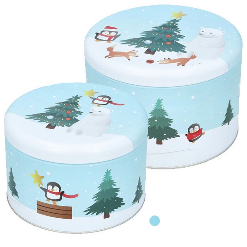 Scatola in latta cilindrica decorata con paesaggio natalizio innevato con pinguino e orso, adatta al contatto con gli alimenti